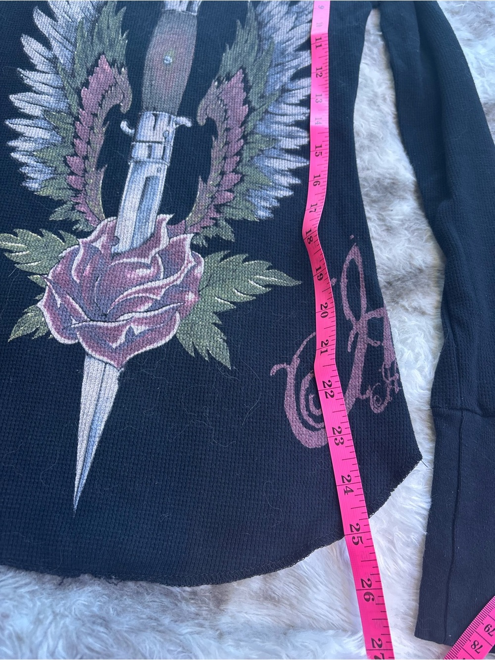 Rare VintageY2K Hustler Black Long Sleeve Graphic Tee with Rose & Dagger - Picture 5 of 8